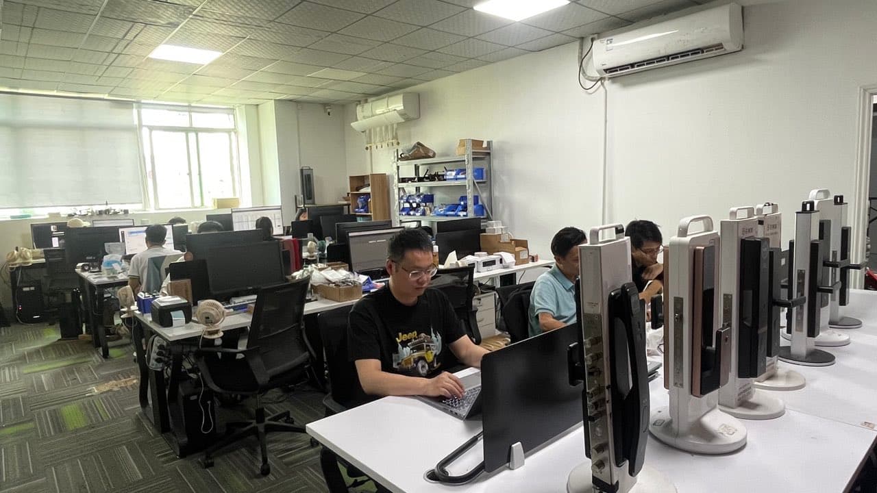 SJJ office and showroom with smart lock samples on display in Shenzhen