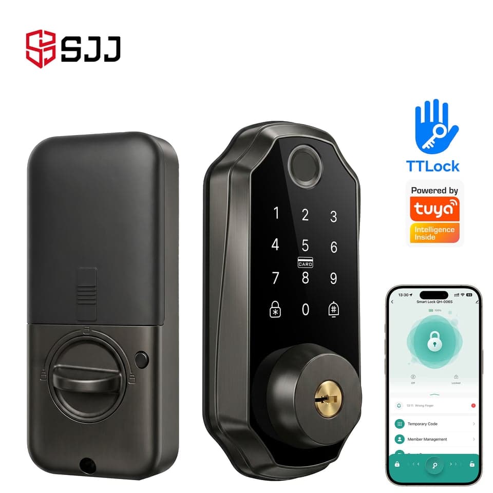 SJJ Aluminum Fingerprint Deadbolt — unlock: Fingerprint, Card, Password, Key — Tuya/TTLock app — SJJ wholesale