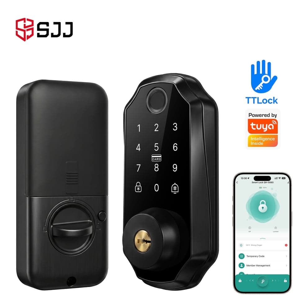 SJJ Aluminum Fingerprint Deadbolt Cloud — unlock: Fingerprint, Card, Password, Key — Tuya/TTLock app — SJJ wholesale