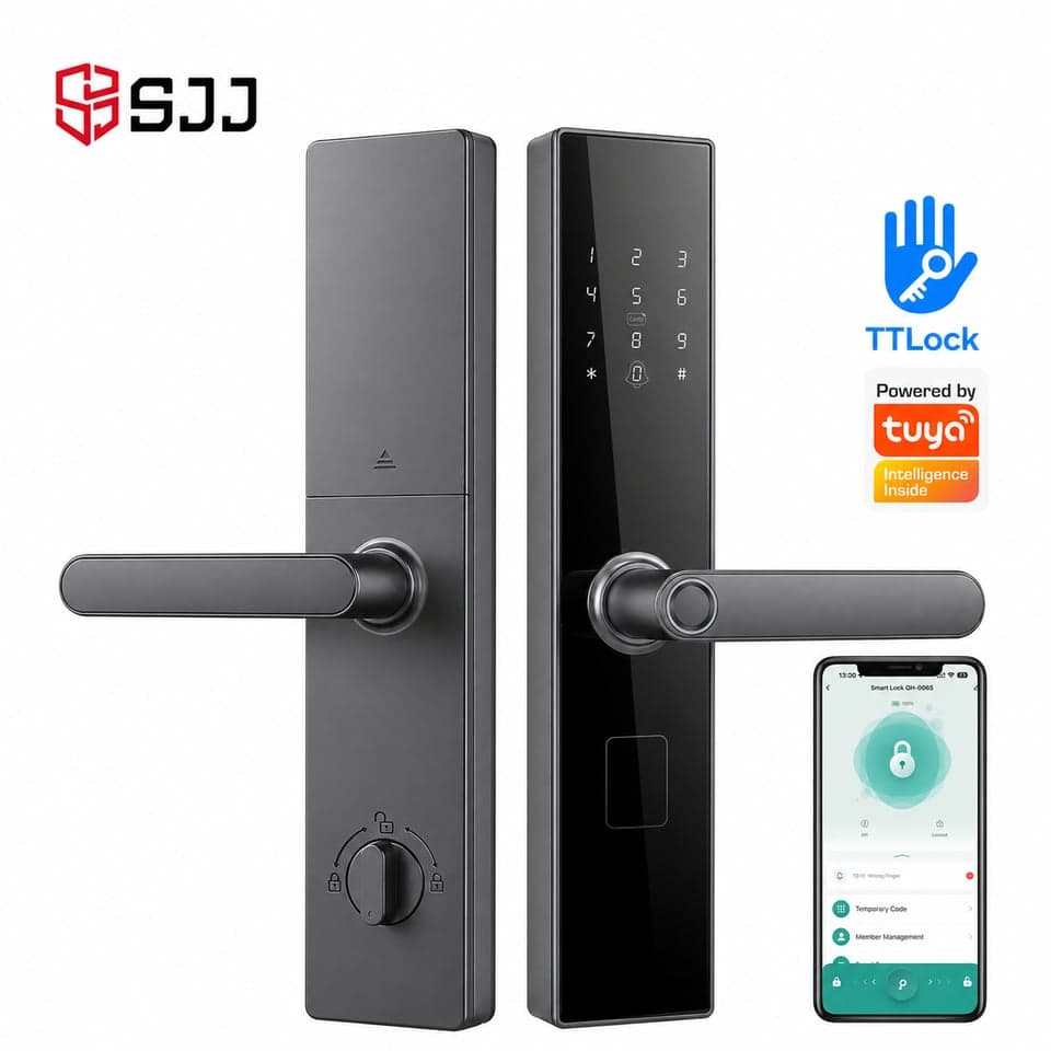 SJJ Fingerprint Lever Lock Entry — unlock: Fingerprint, Card, Password, Key — Tuya/TTLock app — SJJ wholesale
