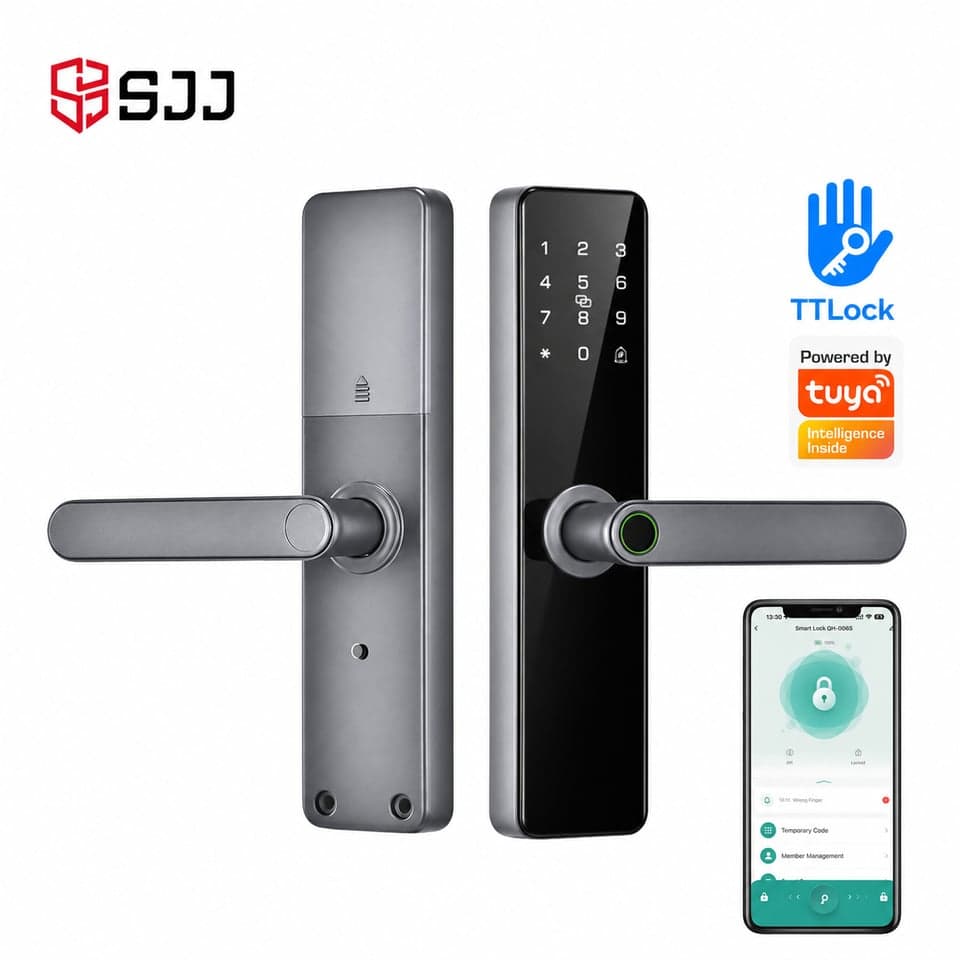 SJJ Fingerprint Lever Lock Aluminum Entry — unlock: Fingerprint, Card, Password, Key — Tuya/TTLock app — SJJ wholesale