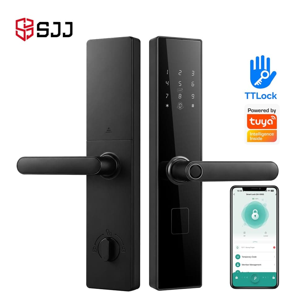 SJJ Fingerprint Lever Lock Wood Entry — unlock: Fingerprint, Card, Password, Key — Tuya/TTLock app — SJJ wholesale