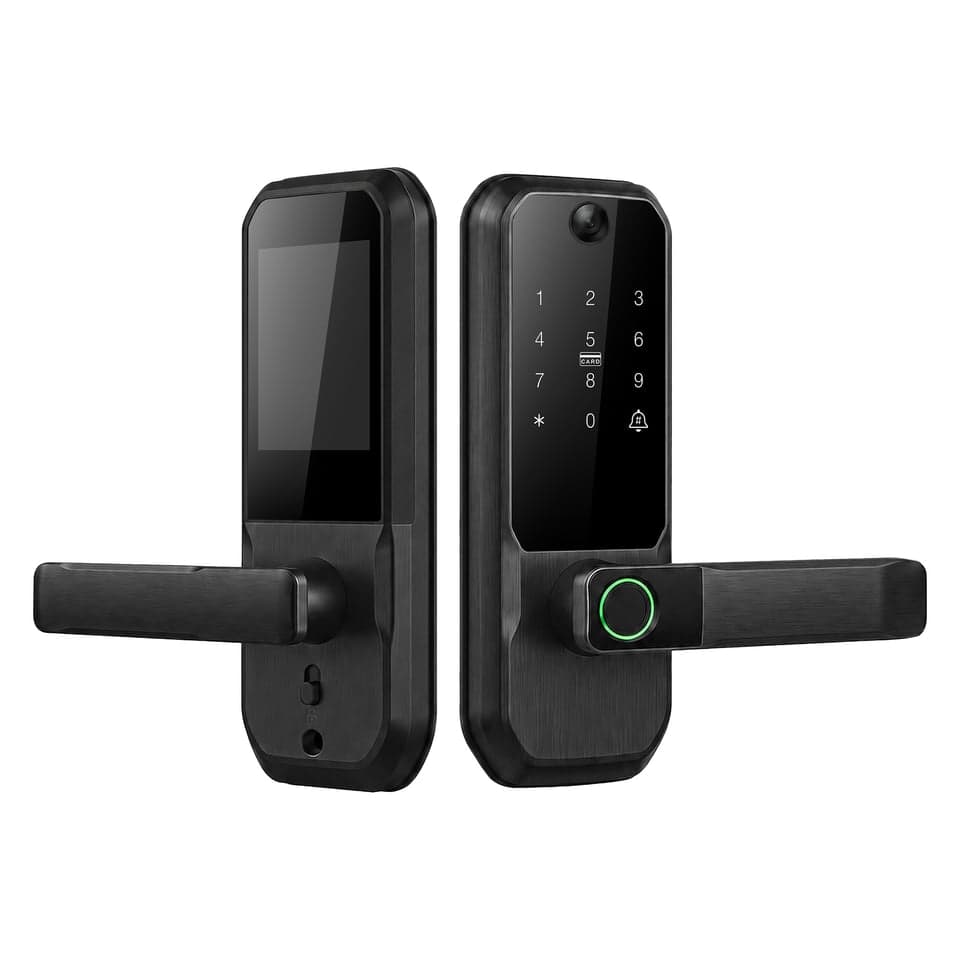 SJJ WiFi peephole camera lock — black outdoor keypad with camera and fingerprint handle, indoor LCD monitor panel