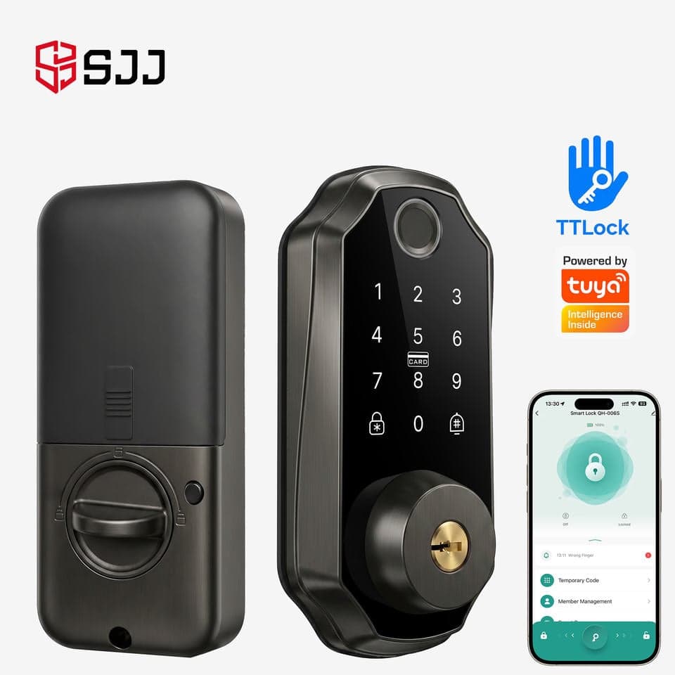 SJJ Fingerprint Smart Deadbolt on an apartment door