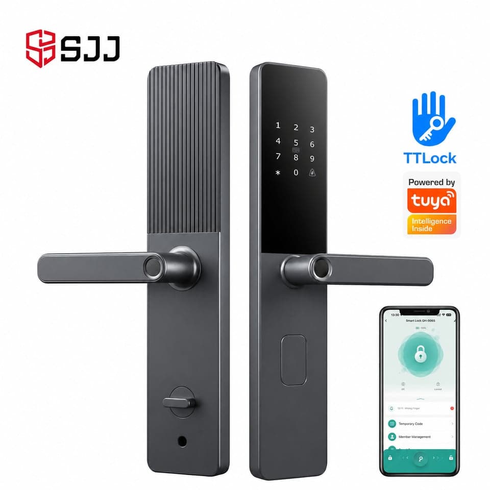 SJJ Fingerprint Lever Lock Mid — unlock: Fingerprint, Card, Password, Key — Tuya/TTLock app — SJJ wholesale