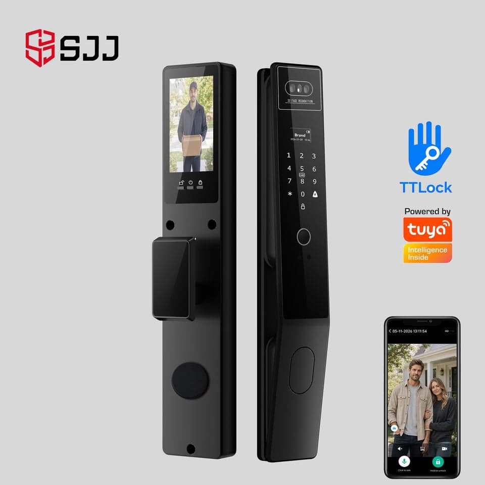 SJJ WiFi Full Auto Lock Wood/Steel — unlock: Fingerprint, Face Recognition, Card, Password — video peephole — face unlock — SJJ wholesale